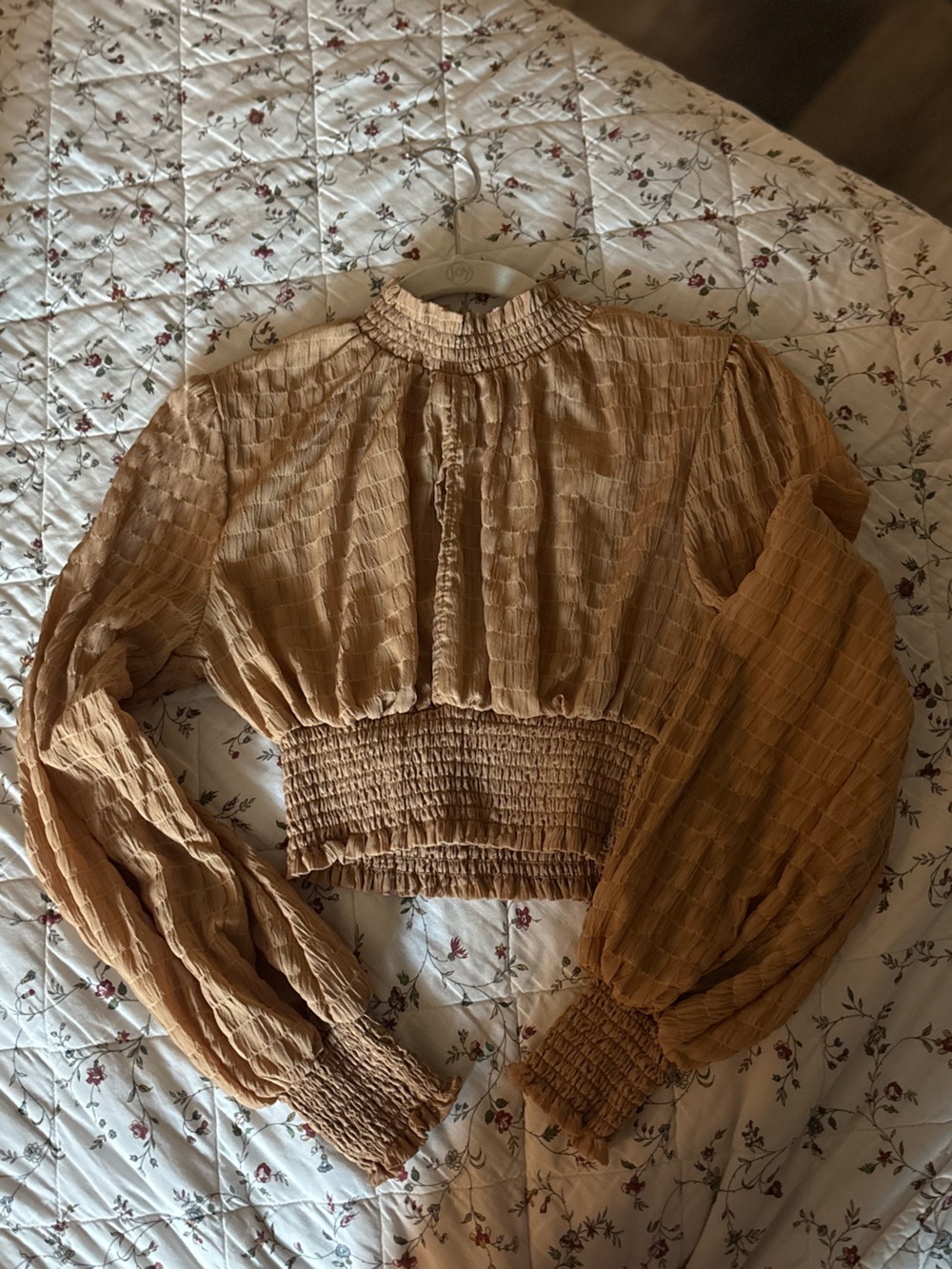 Smocked Waist Textured Blouse in Camel